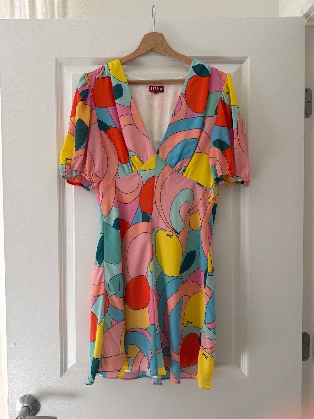 STAUD Multicolor Abstract Print Mini Dress — Pink, Yellow, Red, Teal